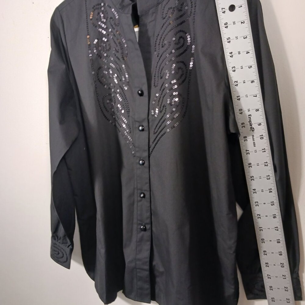 Bob Mackie NWT, Size Med., Black Button Down Shirt W/Sequins, Mandarin Collar - Picture 11 of 14